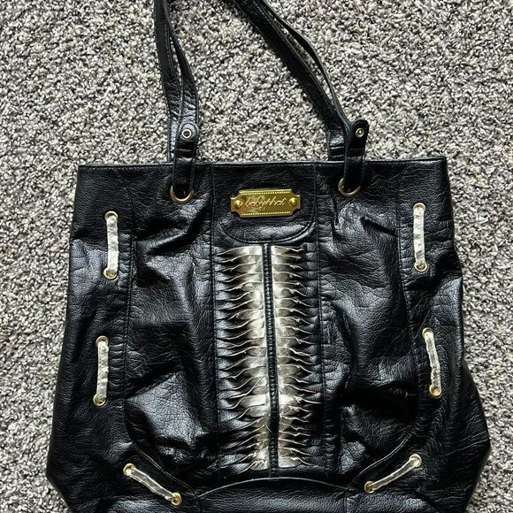 Y2K Baby Phat Purse Womens Black Faux Leather Shoulder Bag Gold Hardware - Picture 1 of 8